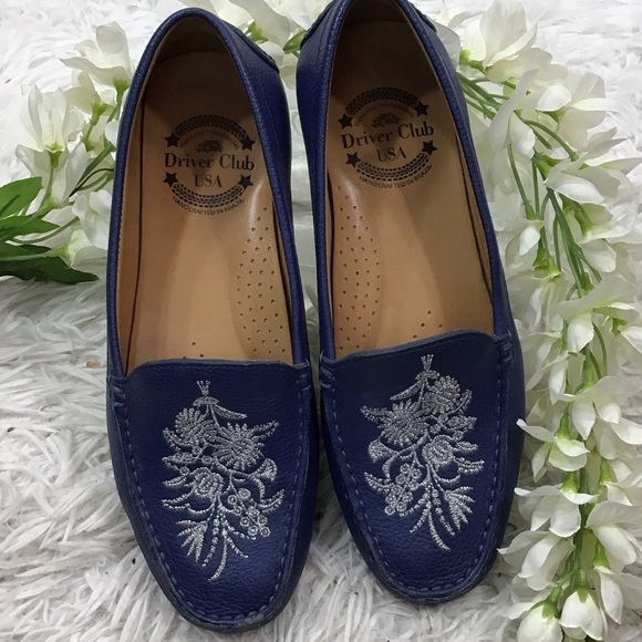Driver Club USA blue leather Nashville Loafers with Silver Embroidery 7 - Picture 1 of 9